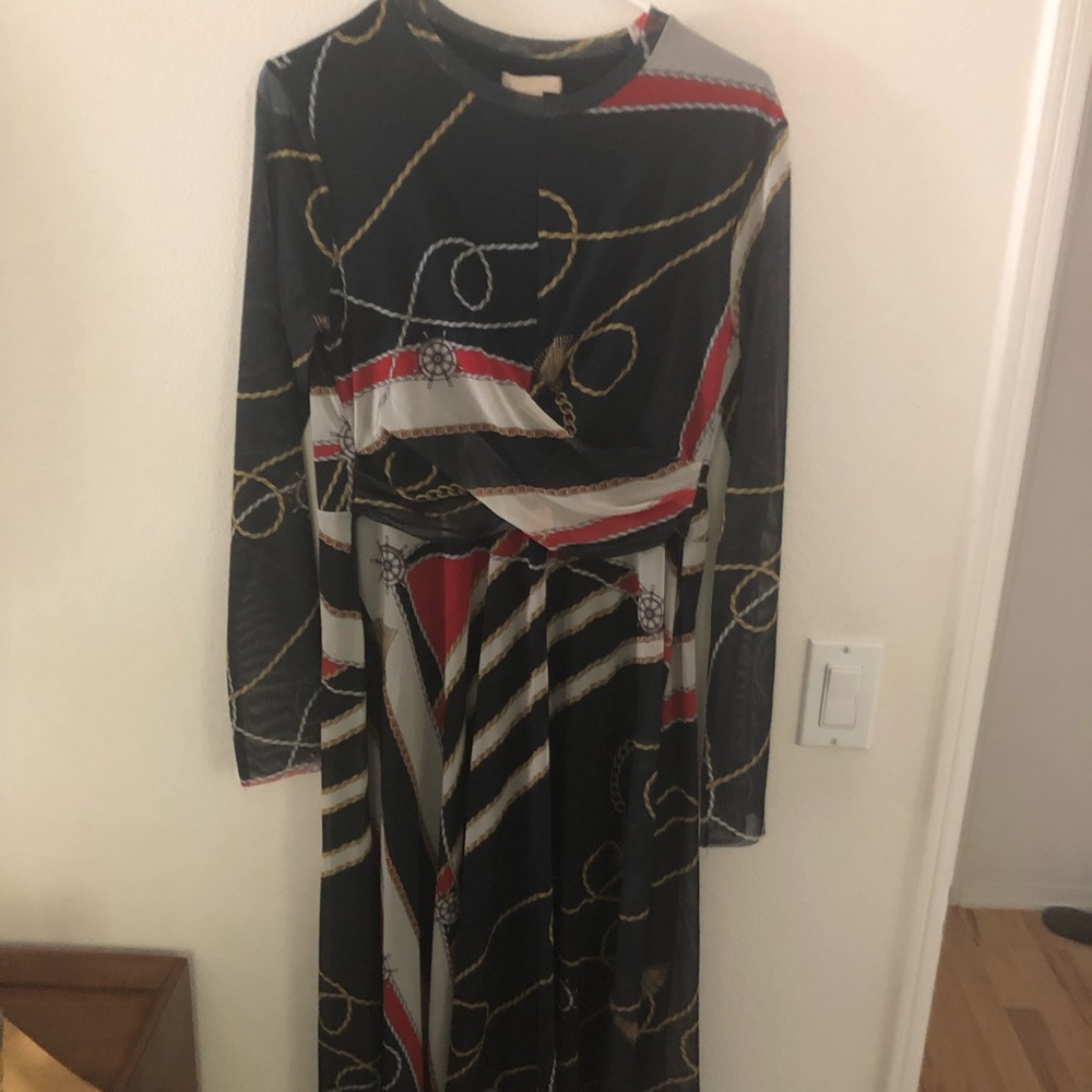 Navy Chain Print Midi/Maxi Dress with Sheer Sleeve